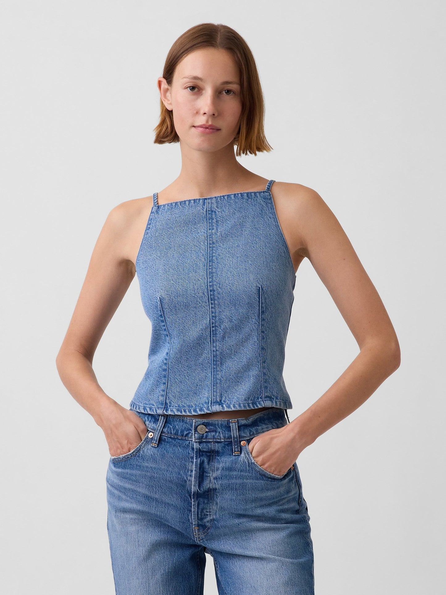 Koyu Mavi Ultrasoft Denim Dikişli Kare Yaka Üst