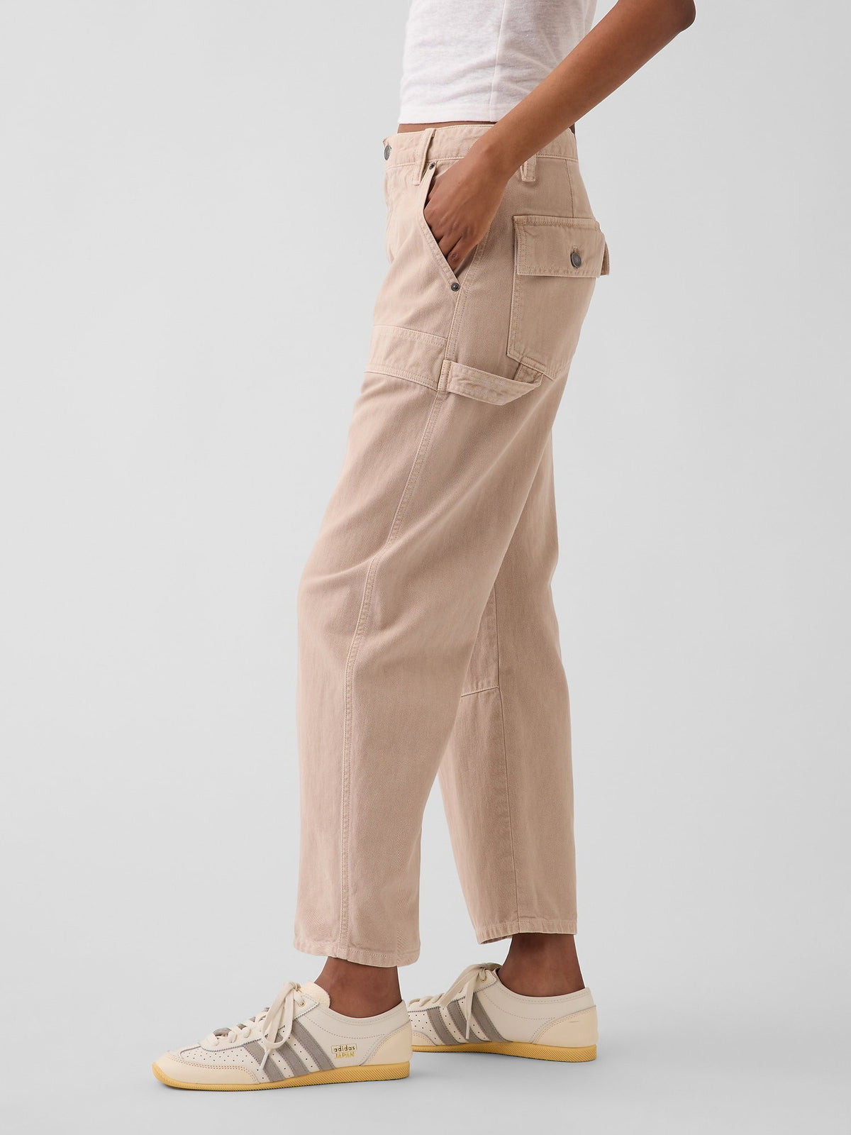 Bej Mid Rise Barrel Utility Ankle Pantolon
