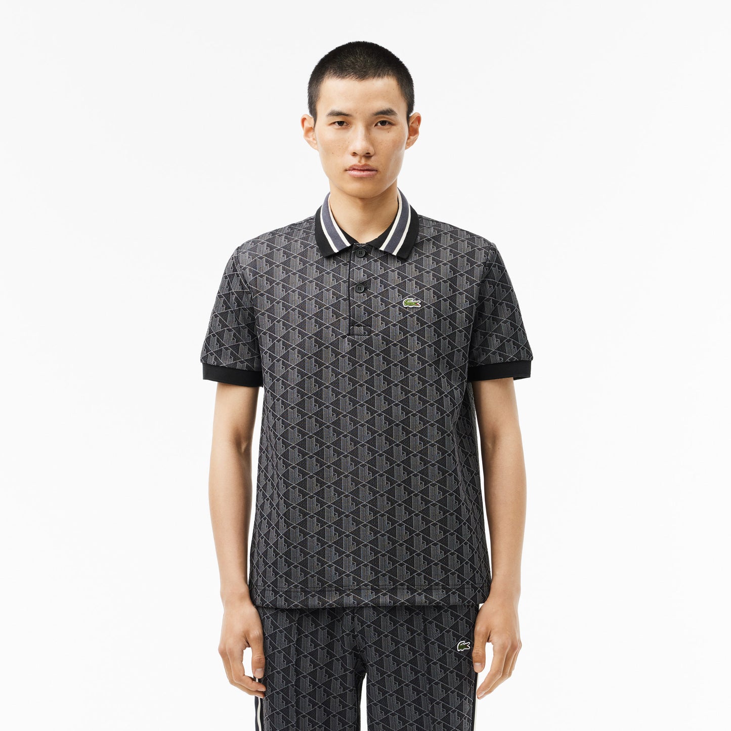 Lacoste Classic Fit Contrast Collar Monogram Erkek Gri Polo
