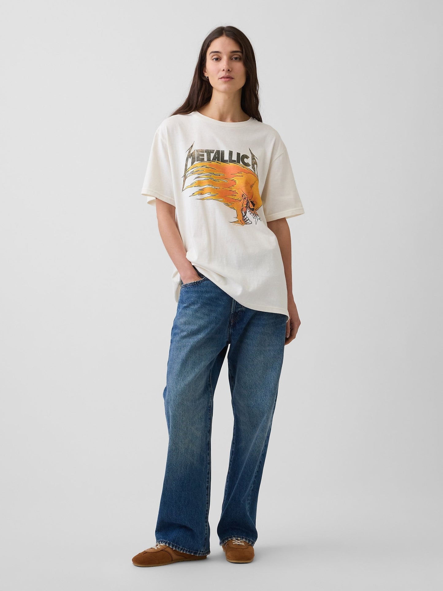 Krem Metallica Relaxed Grafik Baskılı T-shirt