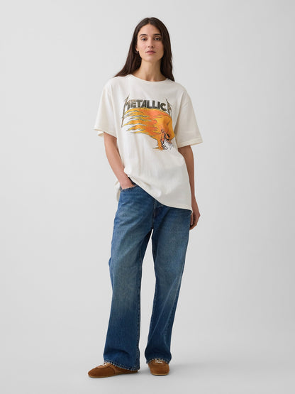Krem Metallica Relaxed Grafik Baskılı T-shirt