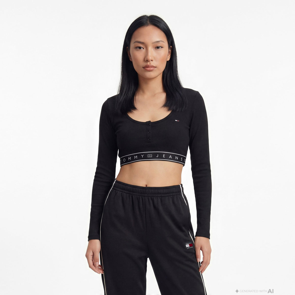 Tommy Hilfiger D3 Kadın Siyah Uzun Kollu Crop