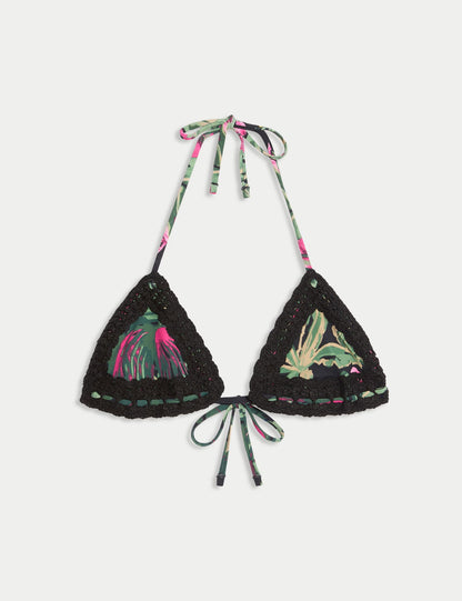Dokulu Tropikal Desenli Üçgen Bikini Üst