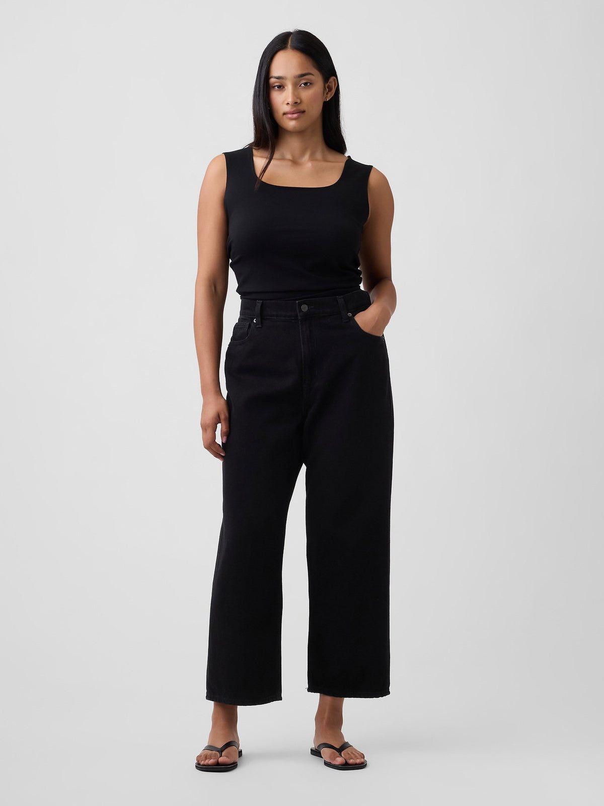 Siyah Low Slung Supersoft Relaxed Straight Crop Jean Pantolon