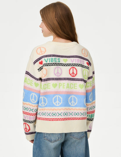 Fair Isle Desenli Yuvarlak Yaka Kazak (6-16 Yaş)