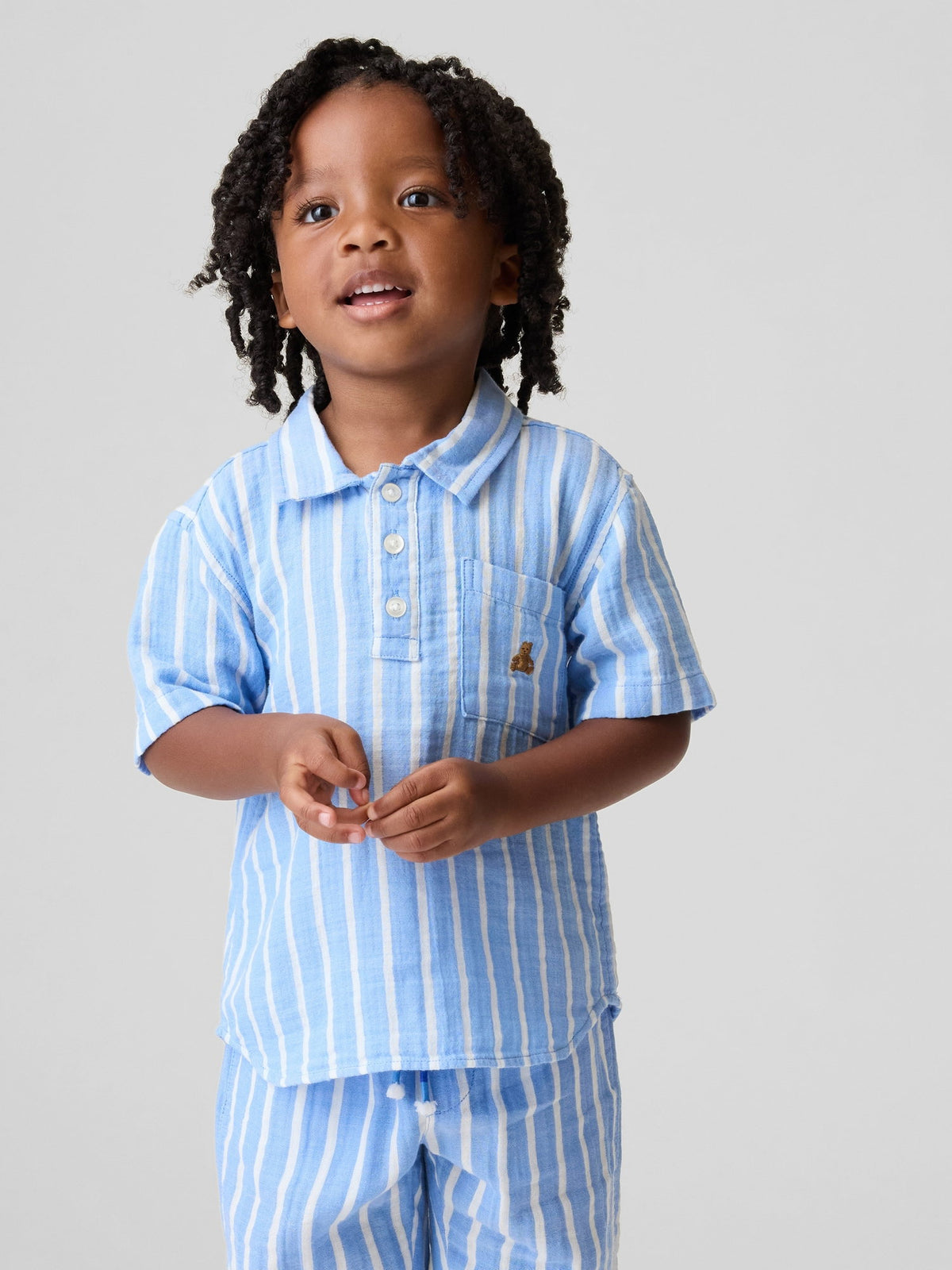 Mavi Pamuk Gauze Baskılı Polo T-shirt