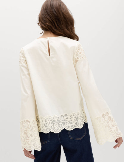 Saf Pamuk Işlemeli Cutwork Bluz
