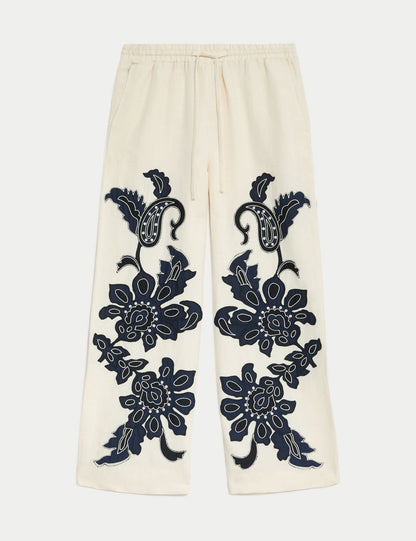 Jaeger Işleme Detaylı Wide Leg Keten Pantolon
