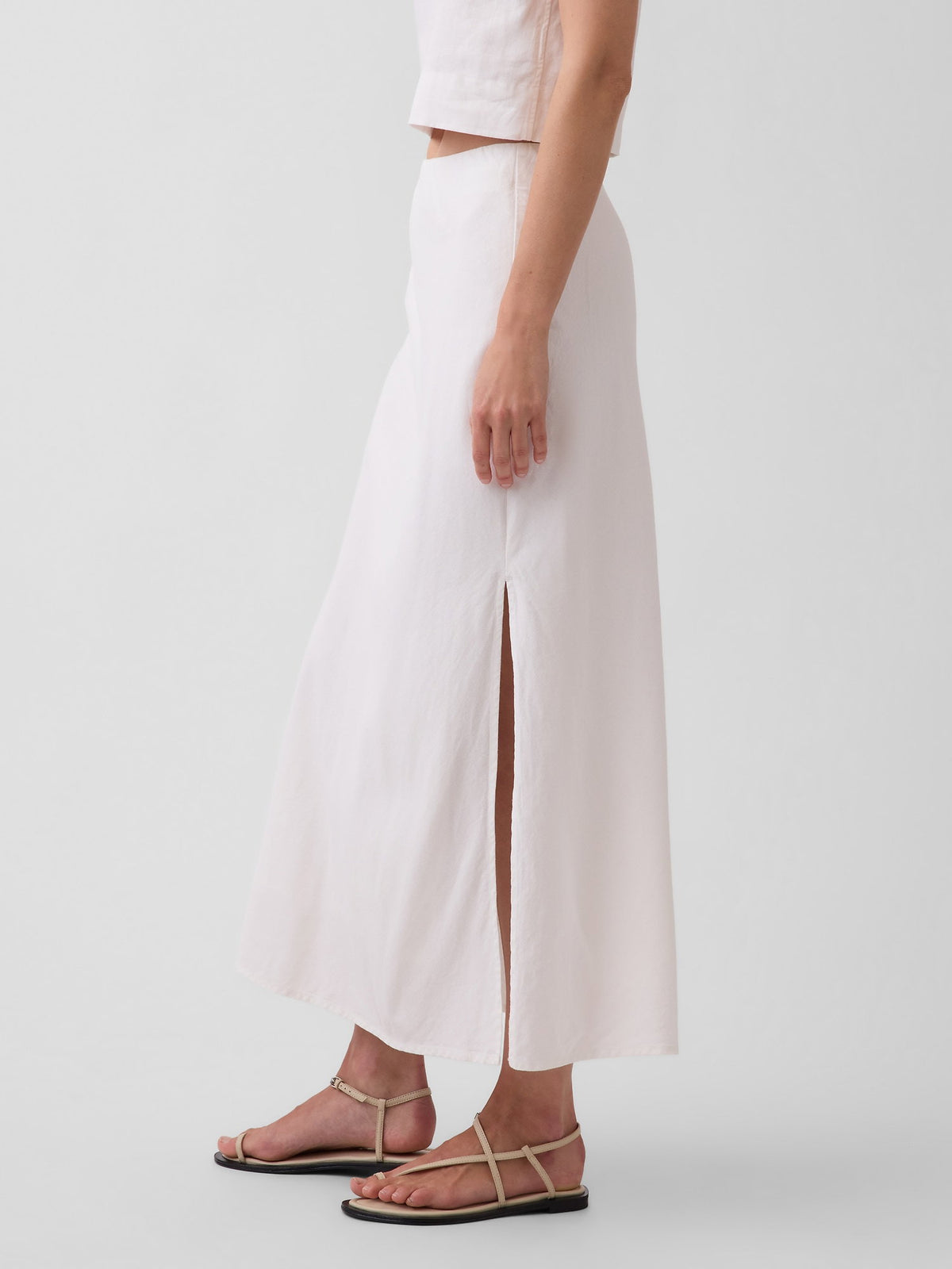 Beyaz Keten Karışımı Maxi Slip Etek