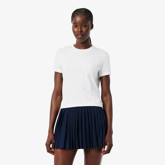 Lacoste Kadın Slim Fit Bisiklet Yaka Desenli Beyaz T-shirt