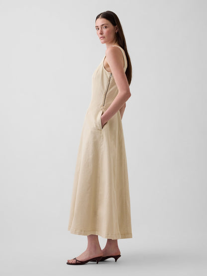 Bej Scoop Neck Maxi Elbise