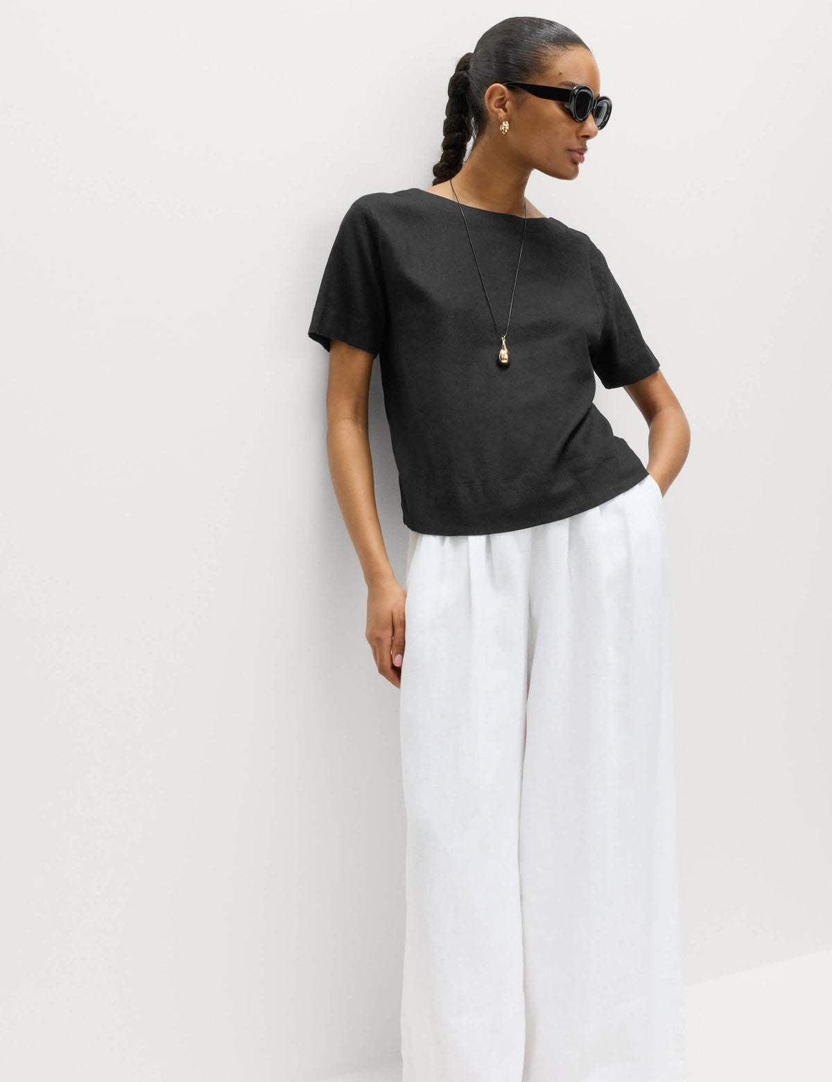 Keten Karışımlı Scoop Yaka T-shirt