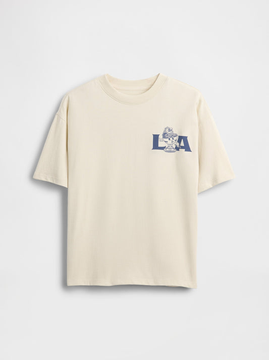 Krem Relaxed Grafik Baskılı T-shirt