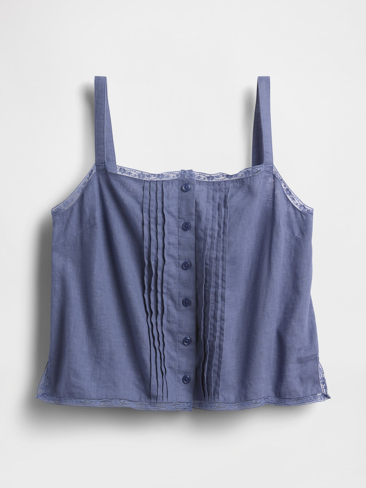 Mavi Keten Karışımlı Pintuck Kısa Askılı Pijama Üstü