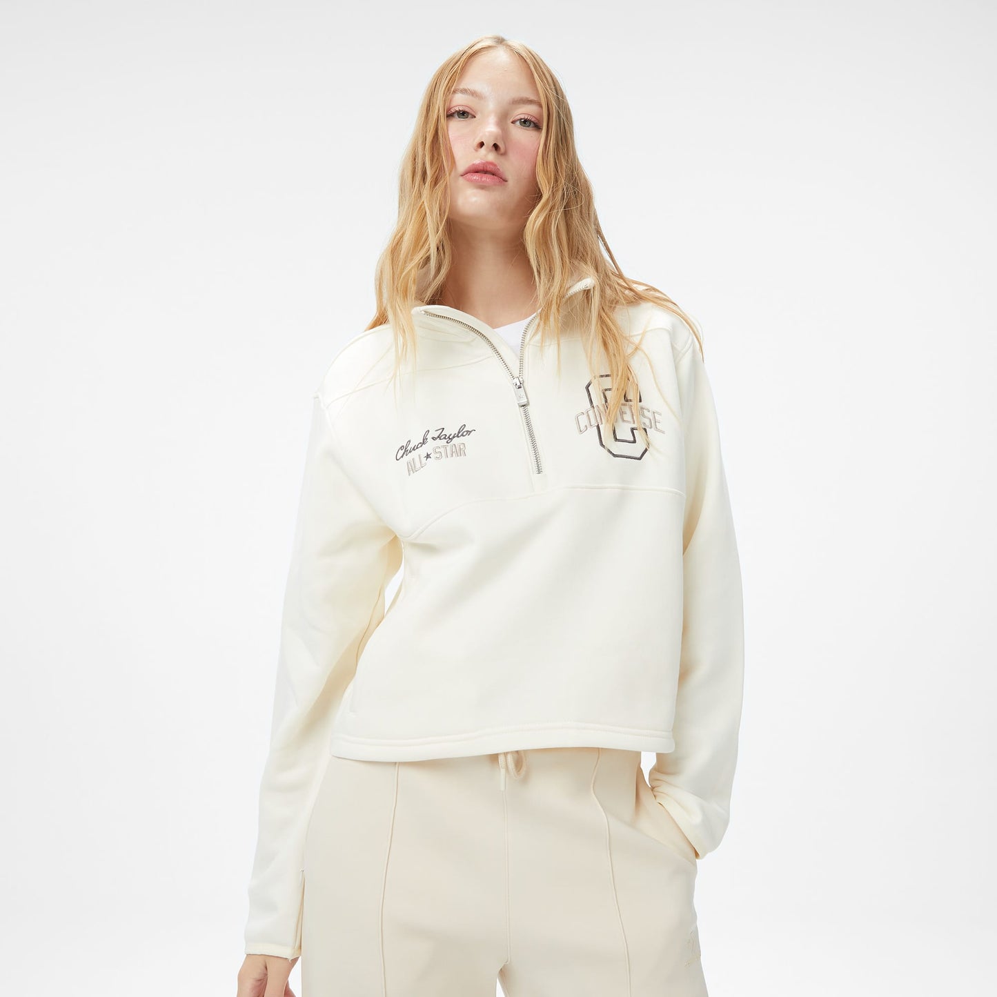 Converse Classic Kadın Yarım Fermuarlı Krem Sweatshirt
