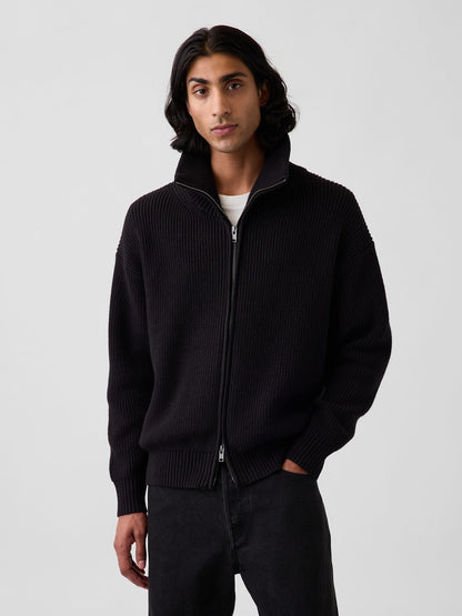Siyah Oversized Ikili Fermuarlı Triko Hırka