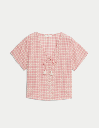Saf Pamuklu Kareli Bağcıklı Pijama Üstü