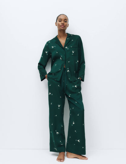 Saten Kokteyl Desenli Pijama Takımı