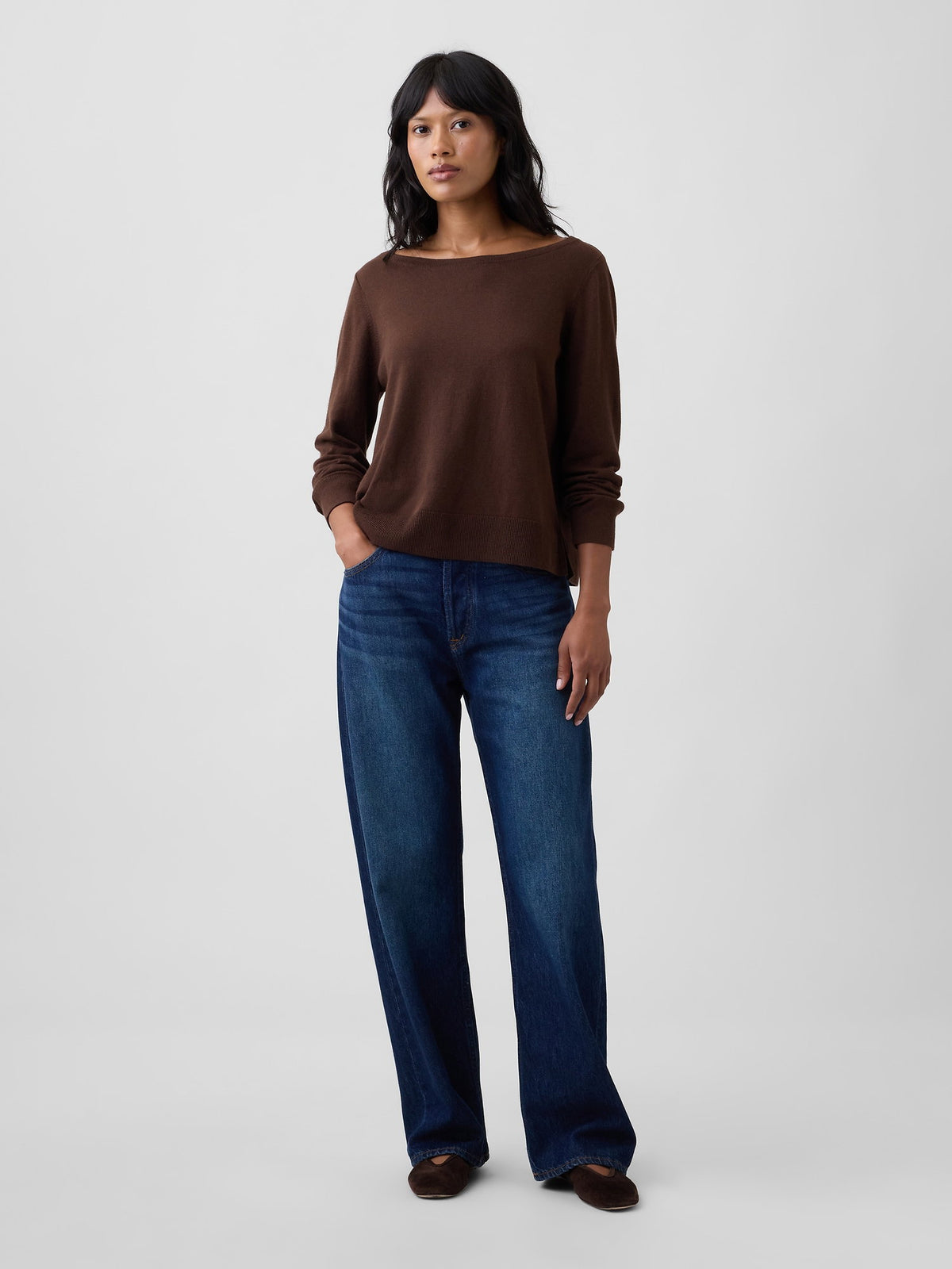 Kahverengi Relaxed Jersey Boatneck Kazak