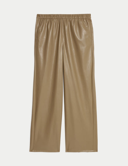 Deri Görünümlü Wide Leg Pantolon