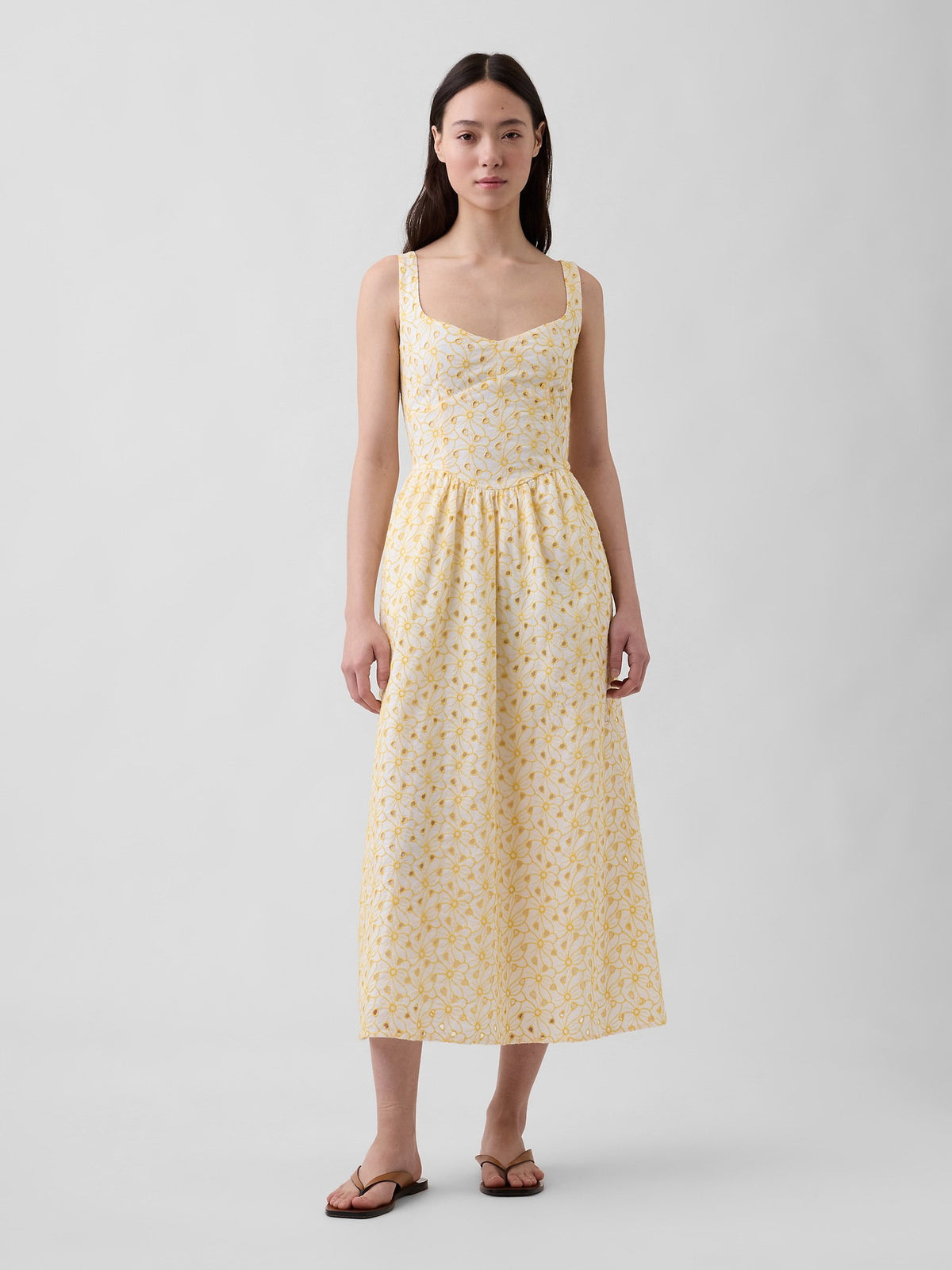 Sarı Eyelet Seamed Drop-waist Maxi Elbise