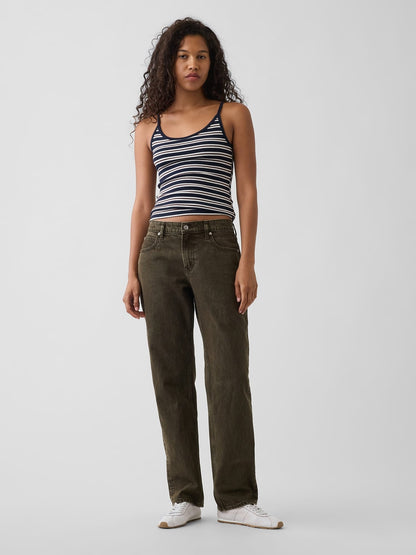 Koyu Yeşil Mid Rise Straight Taper Jean Pantolon