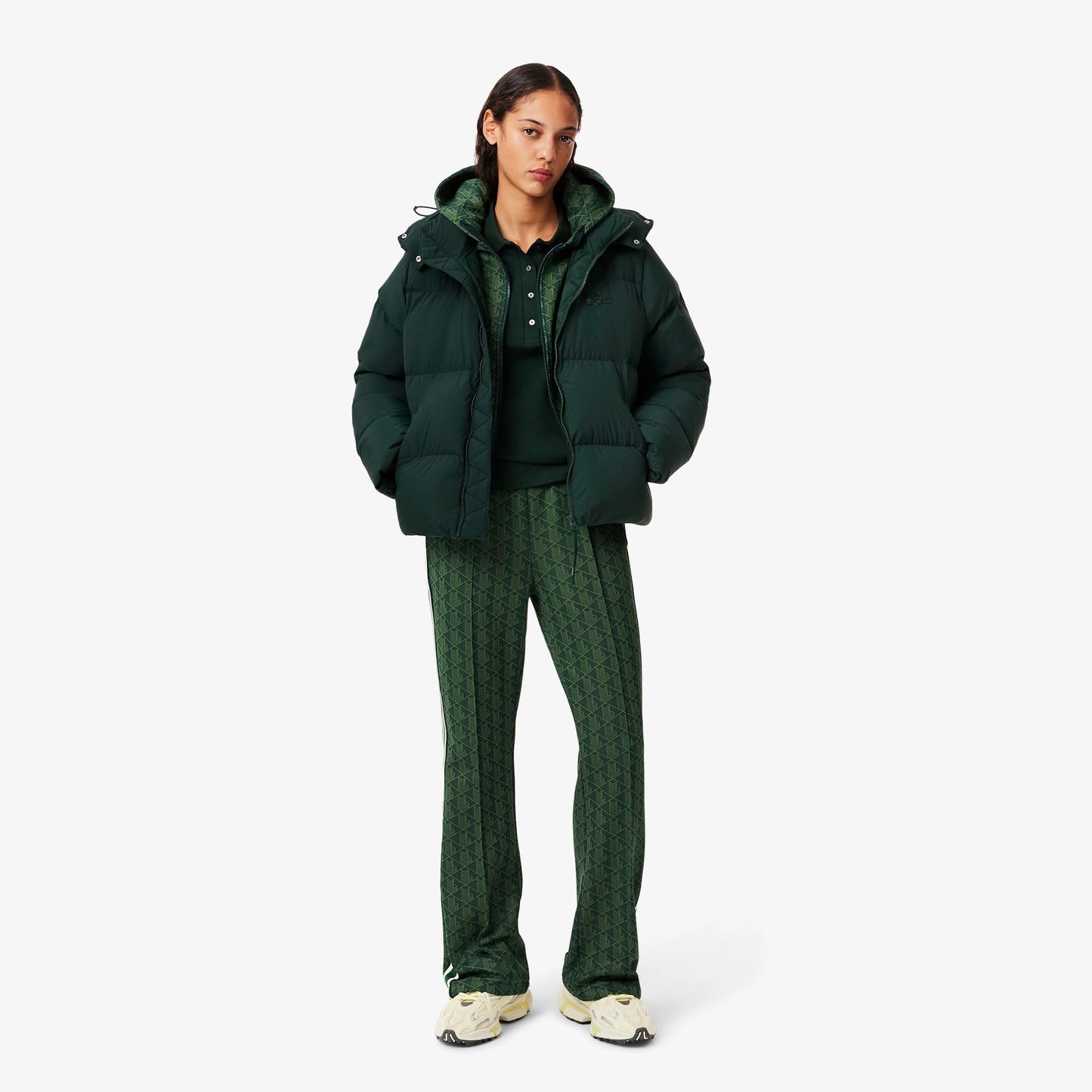 Lacoste Kadın Relaxed Fit Kapüşonlu Koyu Yeşil Şişme Mont