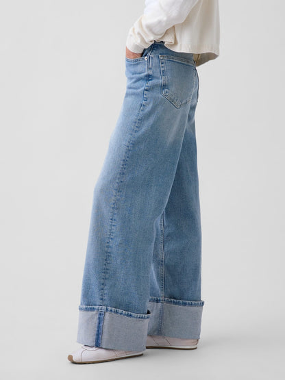 Açık Mavi High Rise Stride Cuffed Wide-leg Jean Pantolon