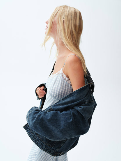 Açık Mavi Gingham Midi Slip Elbise