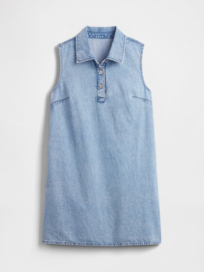 Açık Mavi Kolsuz Yaka Detaylı Denim Mini Elbise