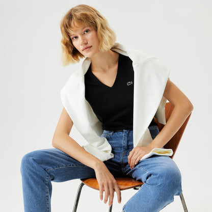 Lacoste Kadın Slim Fit V Yaka Siyah T-shirt