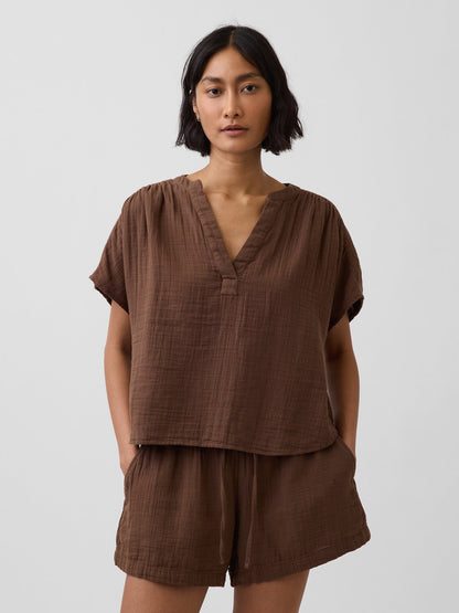 Kahverengi Pamuk Gauze Oversized Split-neck Üst