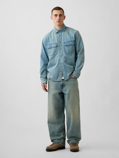 Açık Mavi Ultrasoft Denim Relaxed Utility Gömlek