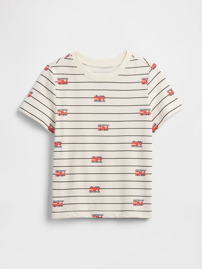 Kırık Beyaz Baskılı Bisiklet Yaka T-shirt
