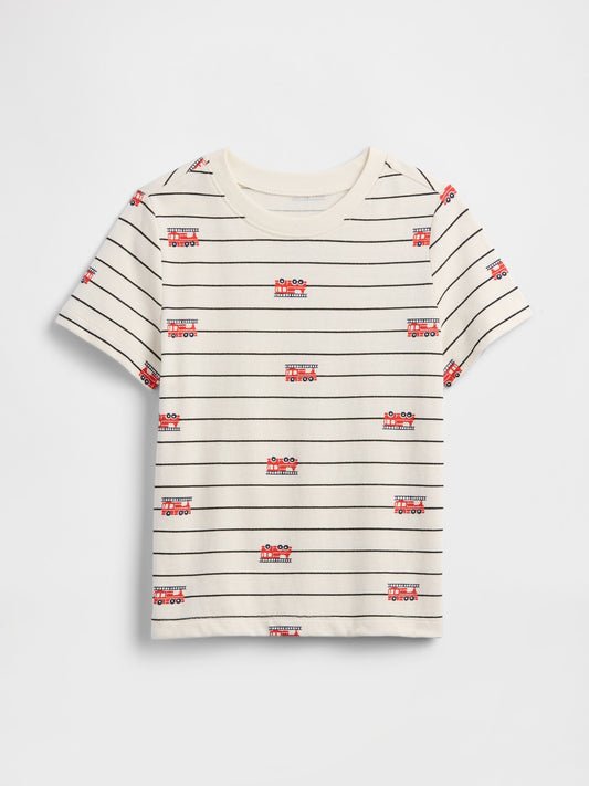 Kırık Beyaz Baskılı Bisiklet Yaka T-shirt