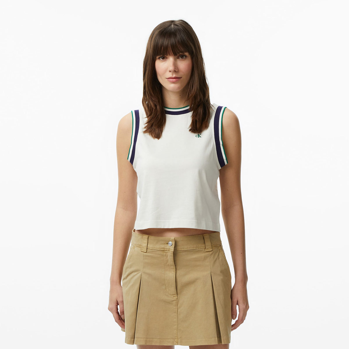 Calvin Klein Monogram Stripe Kadın Beyaz Kolsuz T-shirt