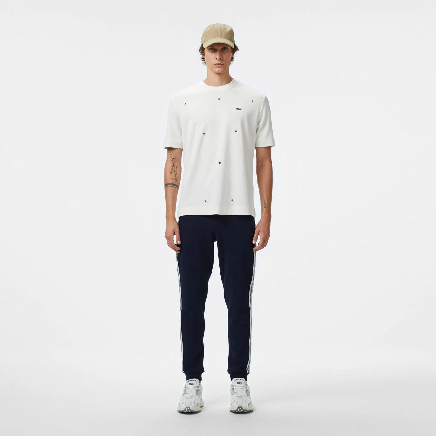 Lacoste Erkek Loose Fit Bisiklet Yaka Desenli Beyaz T-shirt