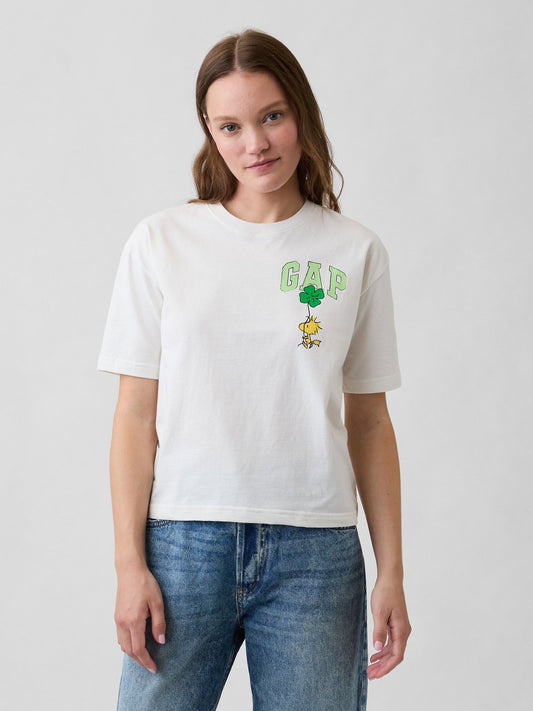 Beyaz Peanuts Oversized Bisiklet Yaka T-shirt