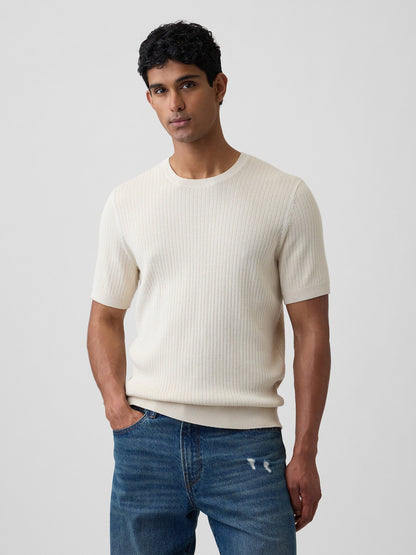 Krem Ribbed Bisiklet Yaka Triko T-shirt