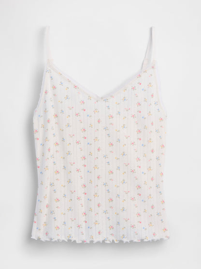 Kırık Beyaz Pointelle Lettuce-hem Crop Cami Pijama Üstü
