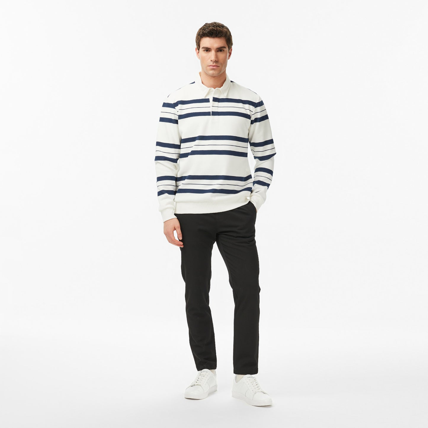 Nautica Erkek Krem Regular Fit Uzun Kollu Çizgili Polo Yaka T-shirt