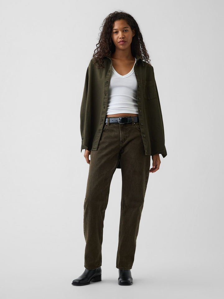 Koyu Yeşil Mid Rise Straight Taper Jean Pantolon