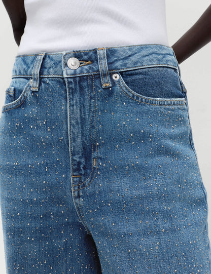 Yüksek Bel Taş Detaylı Geniş Paça Jean