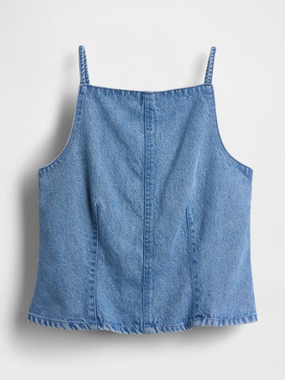 Koyu Mavi Ultrasoft Denim Dikişli Kare Yaka Üst