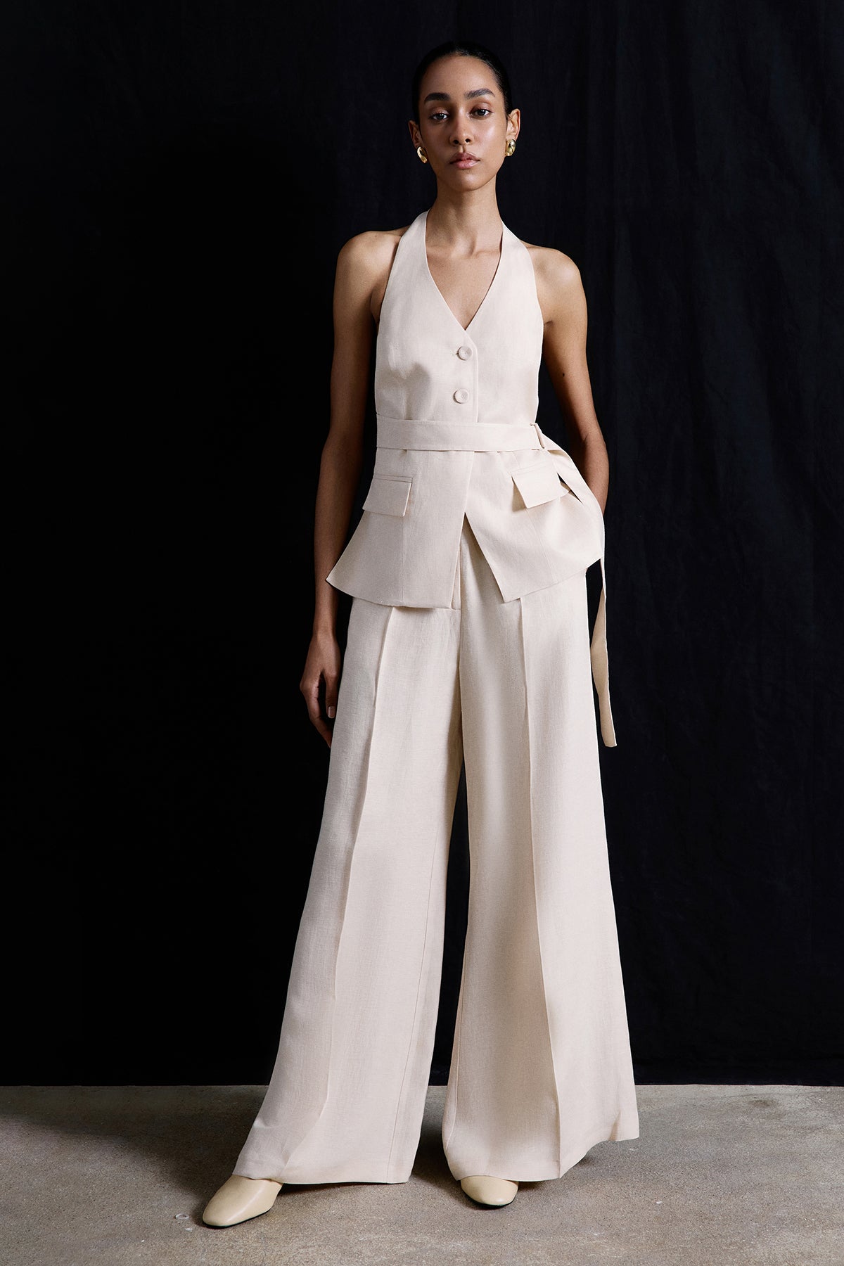 Geniş Paça Keten Karışımlı Bej Pantolon