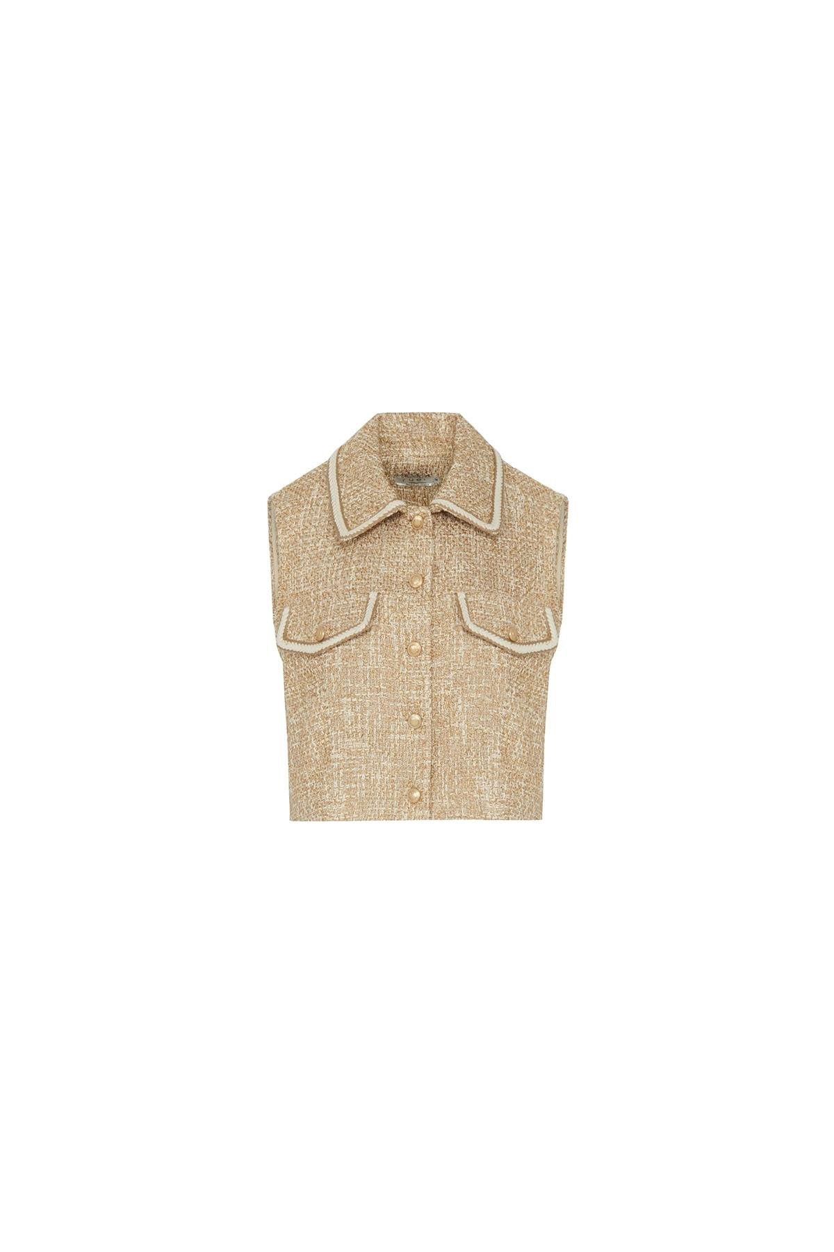 Gold Düğme Detaylı Camel Crop Yelek