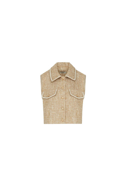 Gold Düğme Detaylı Camel Crop Yelek