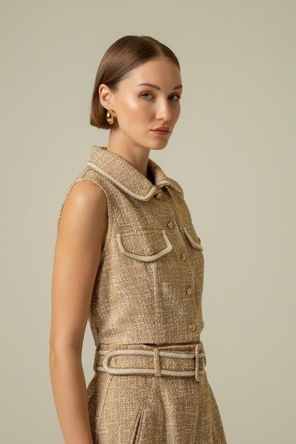 Gold Düğme Detaylı Camel Crop Yelek