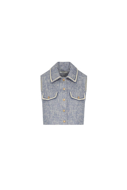 Gold Düğme Detaylı Indigo Crop Yelek