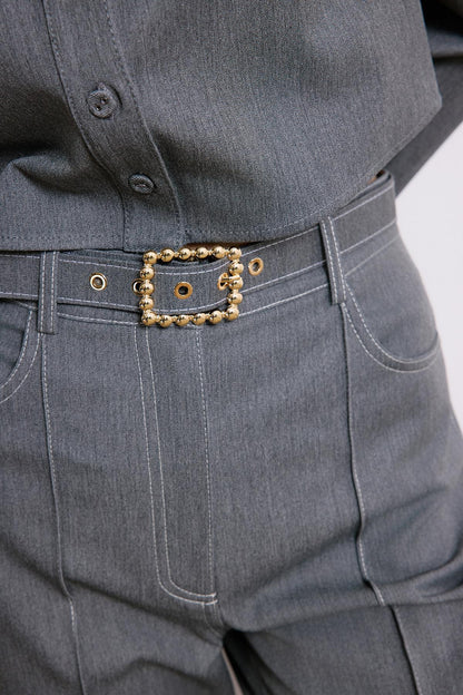 Gold Kemerli Gri Pantolon